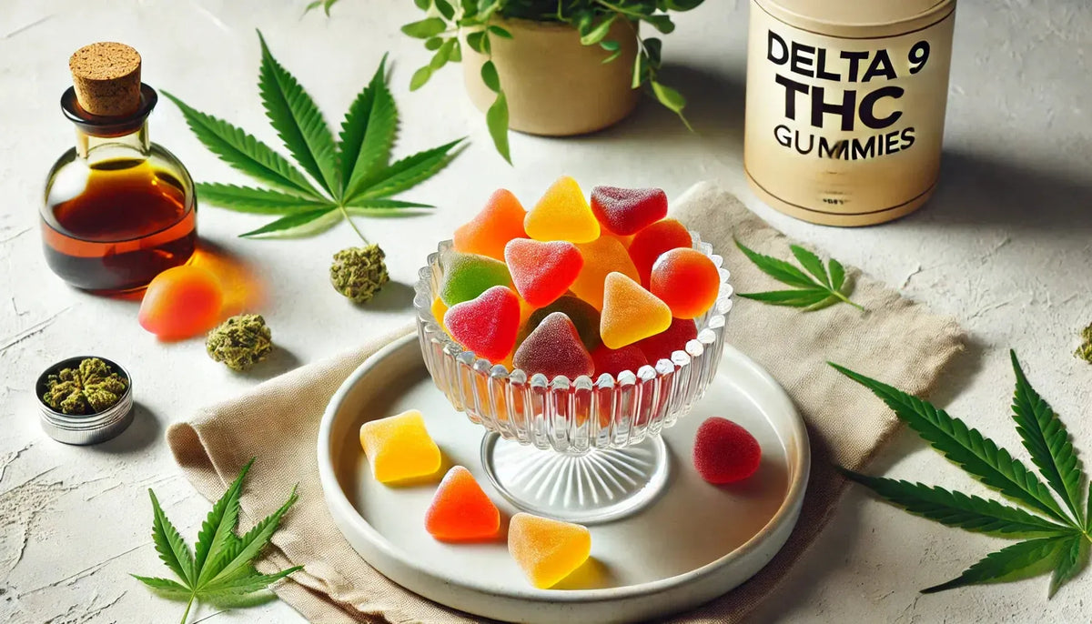 Un cuenco de vidrio lleno de gominolas de Delta 9 THC de colores vivos en tonos mango, naranja y cereza, colocado sobre un fondo blanco limpio con sutiles decoraciones de hojas de cannabis para un aspecto fresco y atractivo.