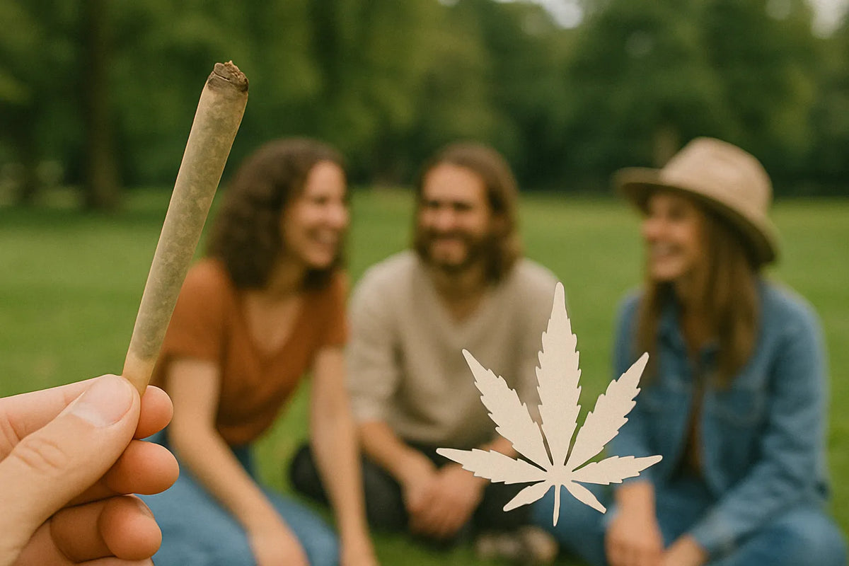 Mano sosteniendo un porro de Cannabis frente a un grupo de amigos sentados sobre el césped en un parque