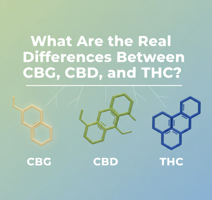 Illustration der Molekülstrukturen von CBG, CBD und THC auf Farbverlauf-Hintergrund