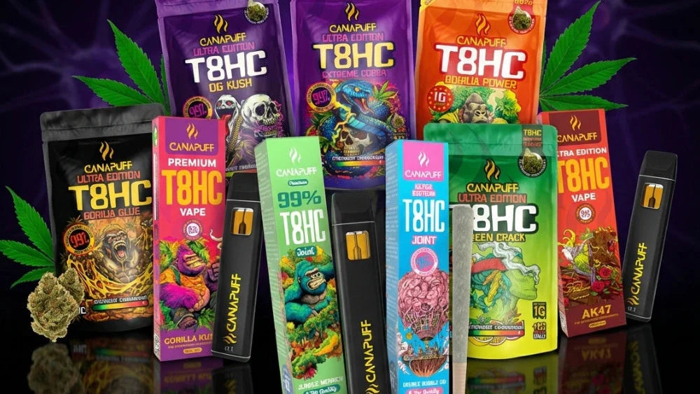 Gama de productos T8HC de Canapuff con bolsitas, vapes y joints de varios sabores