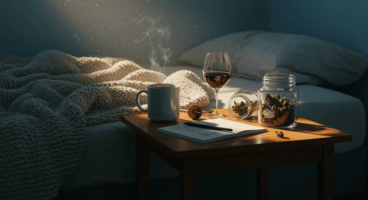 Sonnendurchflutetes Schlafzimmer im Morgengrauen mit zerwühlter Strickdecke auf dem Bett und einem Holztisch mit dampfender Kaffeetasse, halbvollem Weinglas, aufgeschlagenem Notizbuch und einem Glas mit Cannabisblüten.