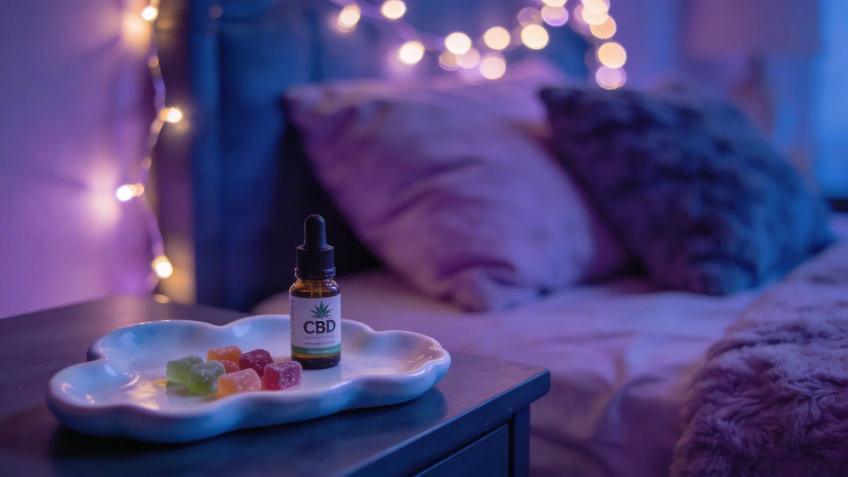 Botella de aceite CBD y gominolas de colores en una bandeja con forma de nube sobre una mesita de noche, en un dormitorio de ensueño con luz morada y lucecitas
