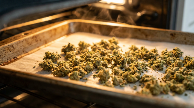 Cannabis desmenuzado en trocitos en una bandeja de horno con papel de hornear dentro de un horno caliente