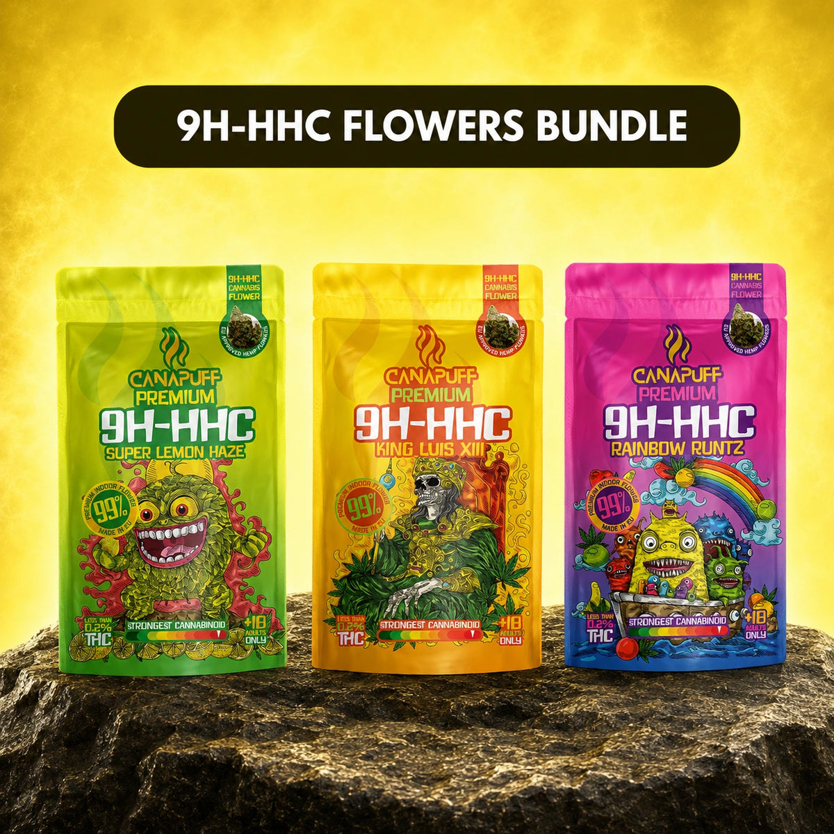 Canapuff 9H-HHC Flowers Bundle with Super Lemon Haze, King Luis XIII, and Rainbow Runtz pouches