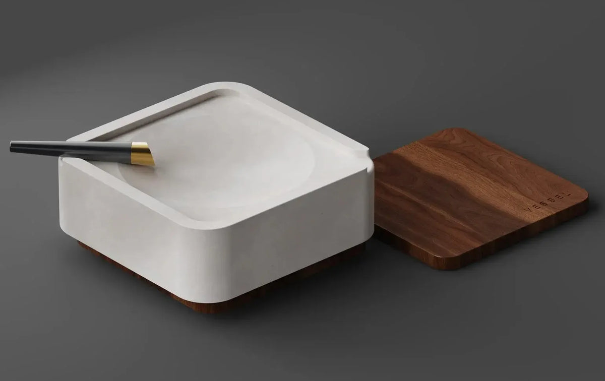 Canapuff Ashtray with walnut base and white ceramic bowl with brush