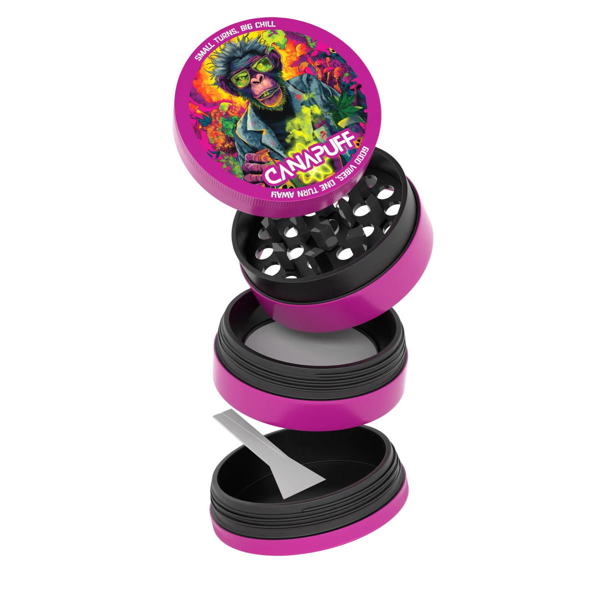 Canapuff Metal Grinder Atomic Monkey con recogedor de kief y compartimento de almacenaje