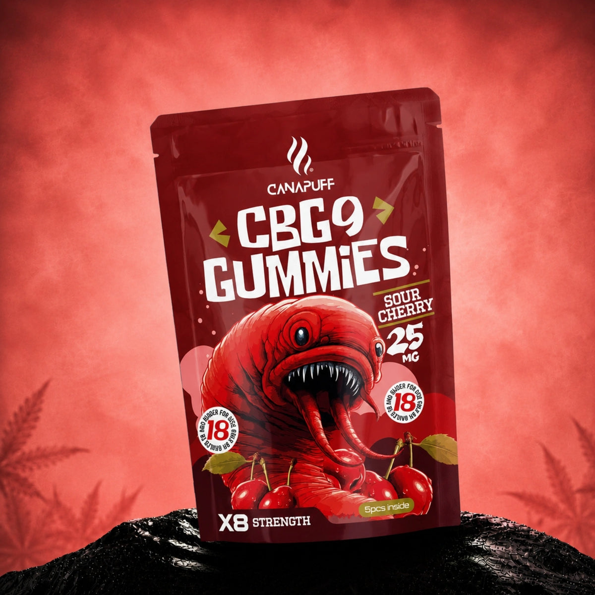 Canapuff CBG9 Gummies Sour Cherry 25 mg, 5 pieces per pouch, X8 strength
