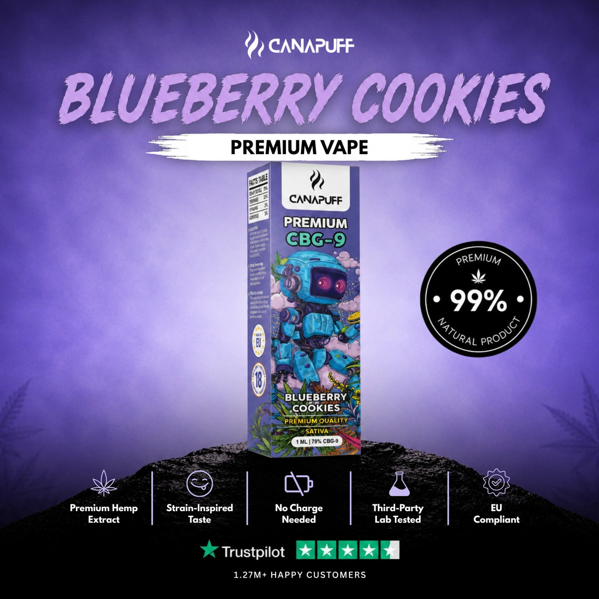 CBG9 Vape Blueberry Cookie 79% 1ml – disposable vape pen, photo 2