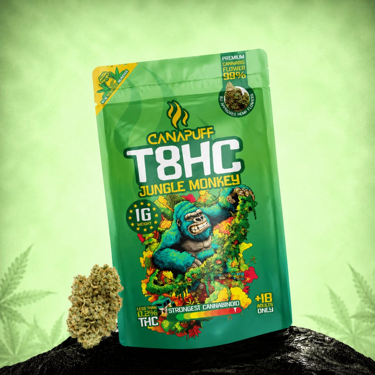 Canapuff T8HC Jungle Monkey flowers, 1g pouch, 99% cannabinoid strength