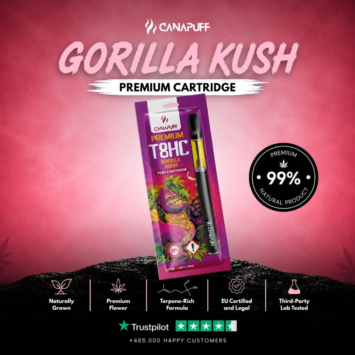 T8HC Pen+Cartridge Gorilla Kush 99% – vape pen with cartridge, photo 2