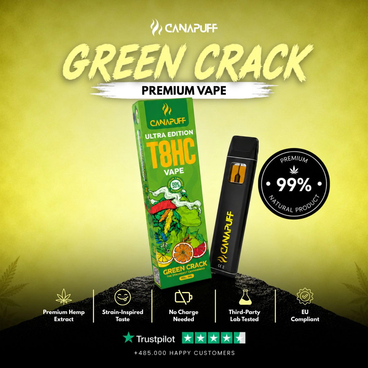 T8HC Vape Green Crack Ultra Edition 99% 1ml – disposable vape pen, photo 2