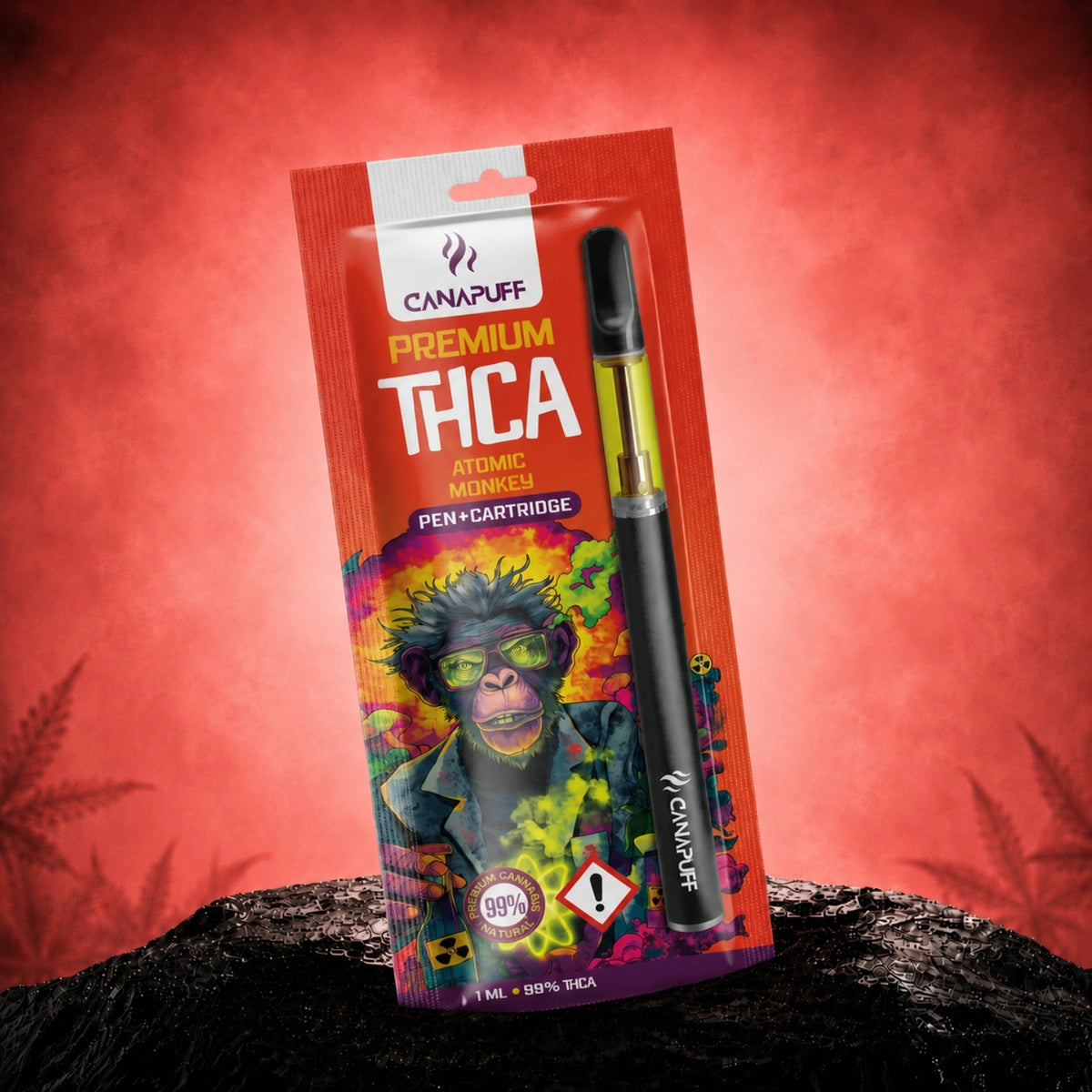 Canapuff THCA Atomic Monkey 99% pen and cartridge, 1 ml in red packaging