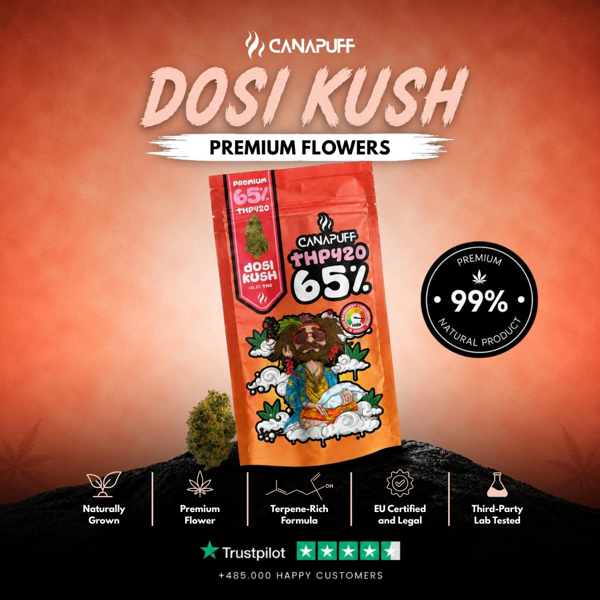 THP420 Flowers Dosi Kush 65% – flower buds, photo 2